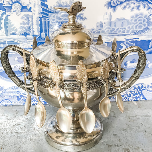 Awesome Antique Butterfly Sugar Bowl with Spoons