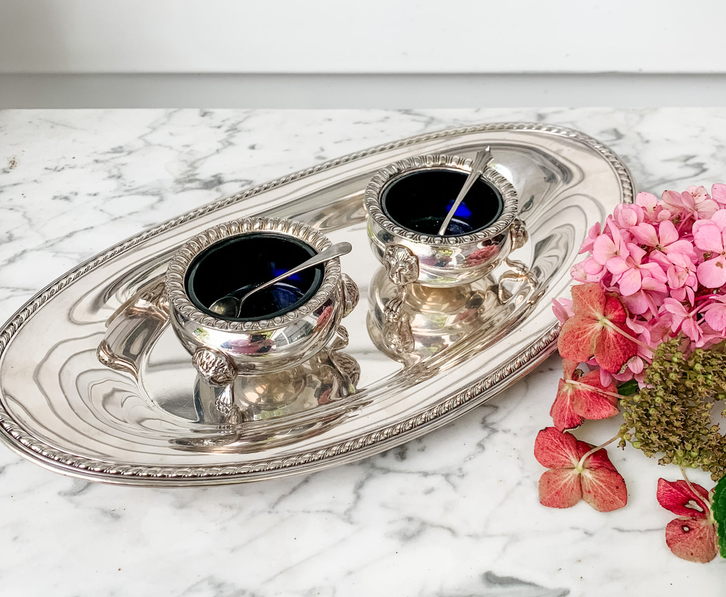 2 Antique English Salt Cellars with Spoons and Trays