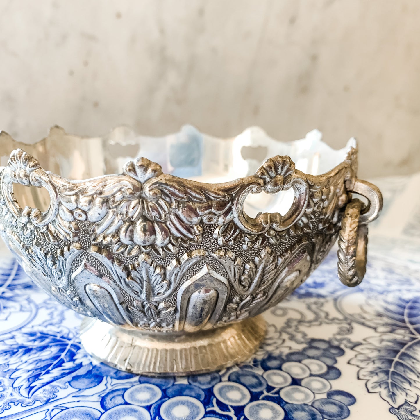 Antique Repousse Silver Bowl with Ring Handles