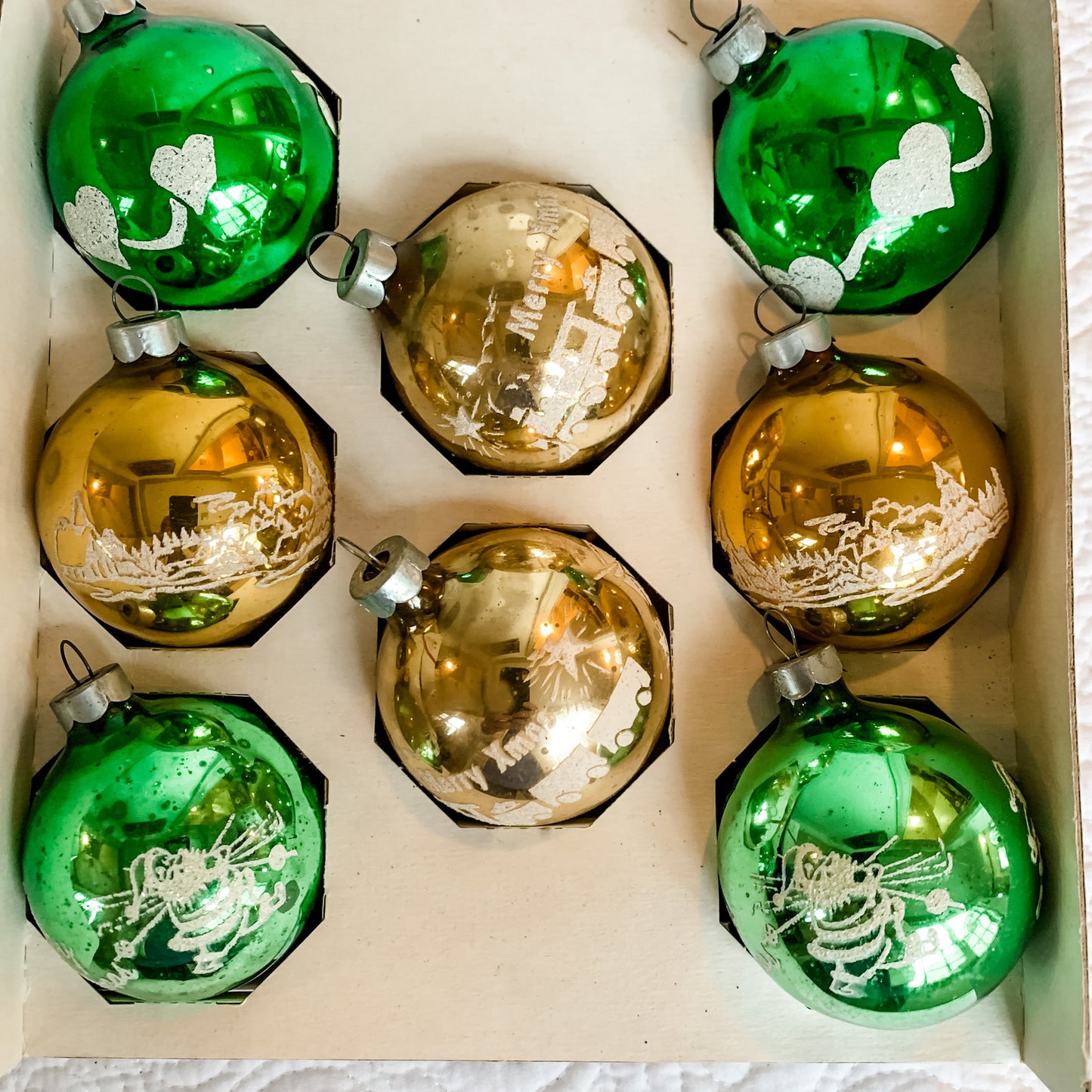 8 Festive Mid Century Green and Gold Glass Christmas Ornaments