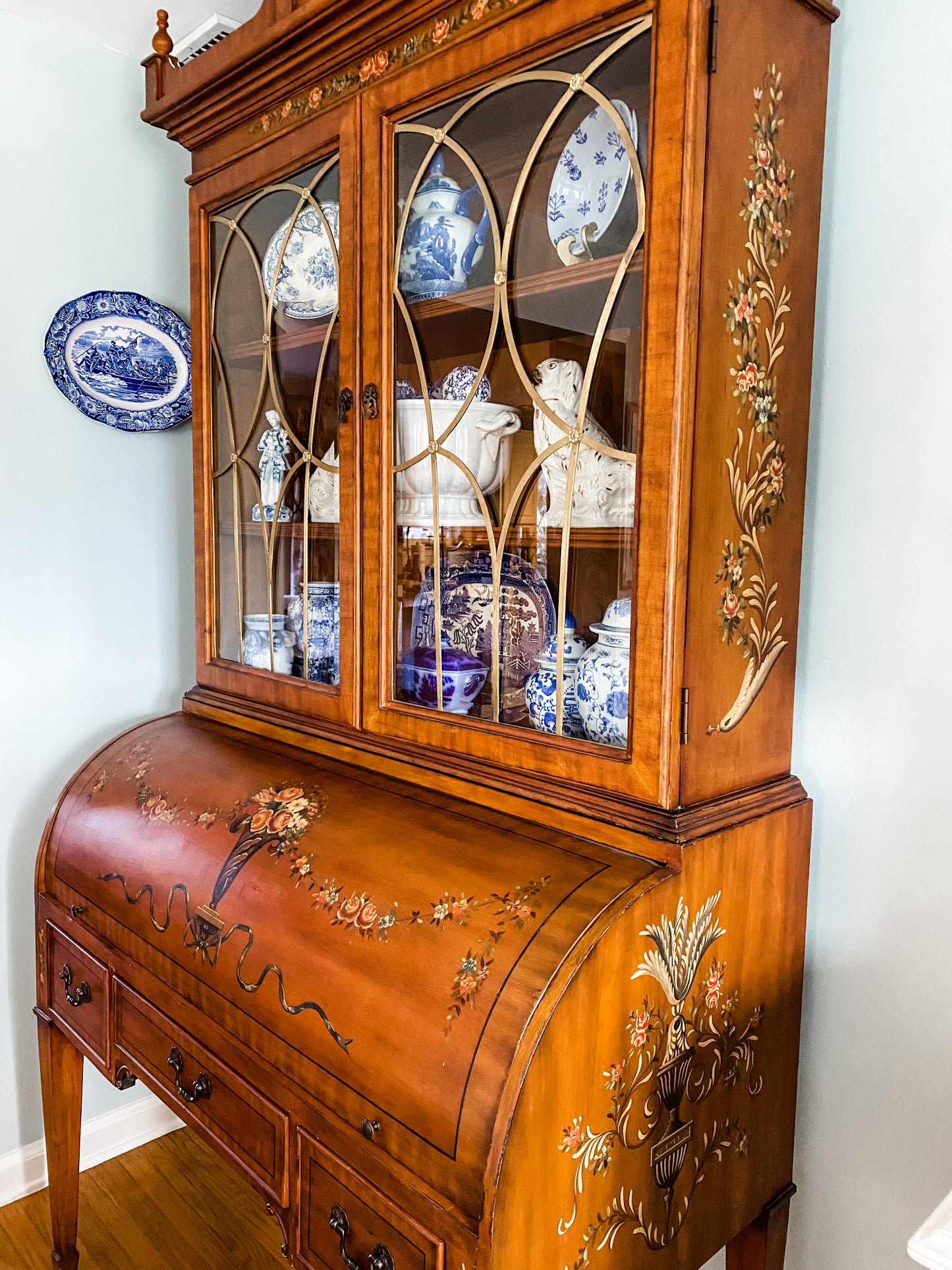 Gorgeous Hand Painted Adams Style Roll Top Secretary