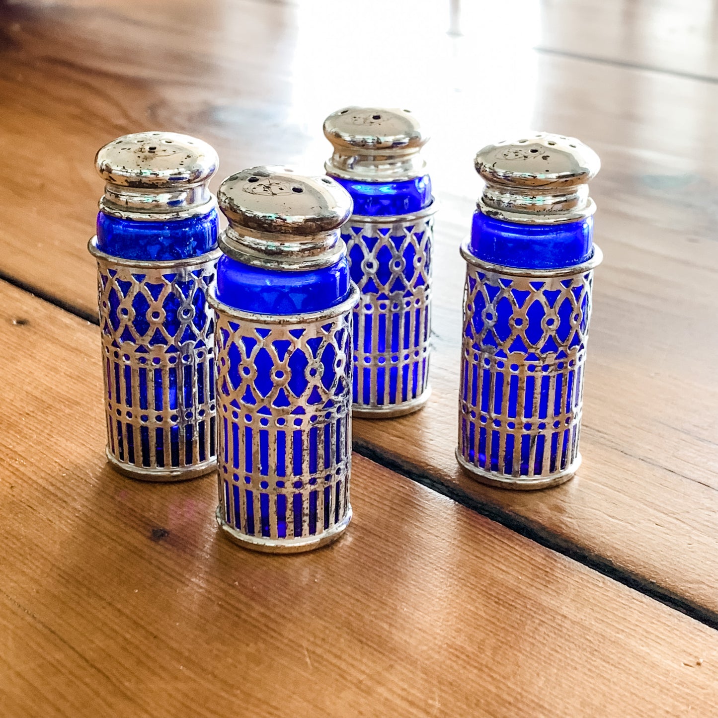 4 Cobalt Blue and Silver Shakers Made in England