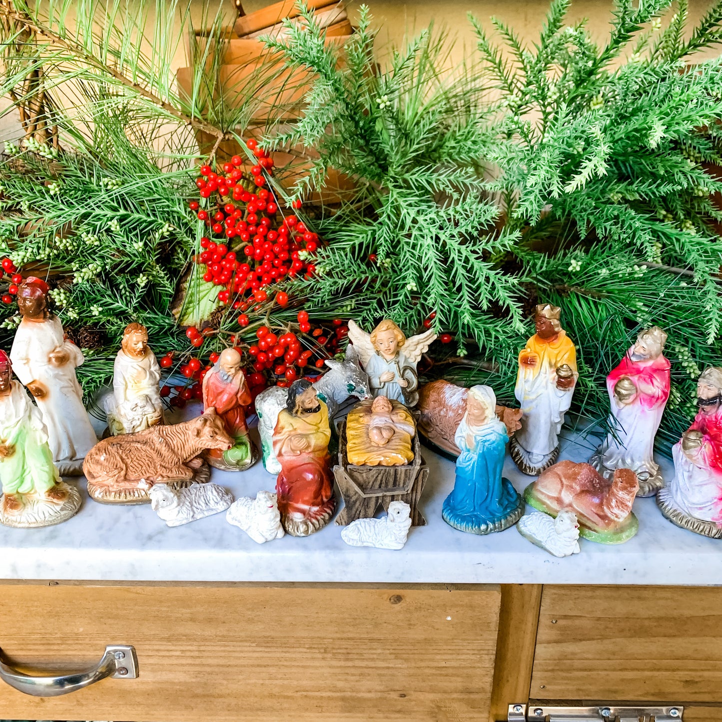 Antique Chalkware Nativity Set -19 pieces