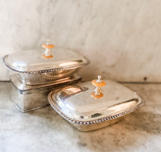 Lovely Pair of Antique Covered Dishes with Lovely Pediment Handles