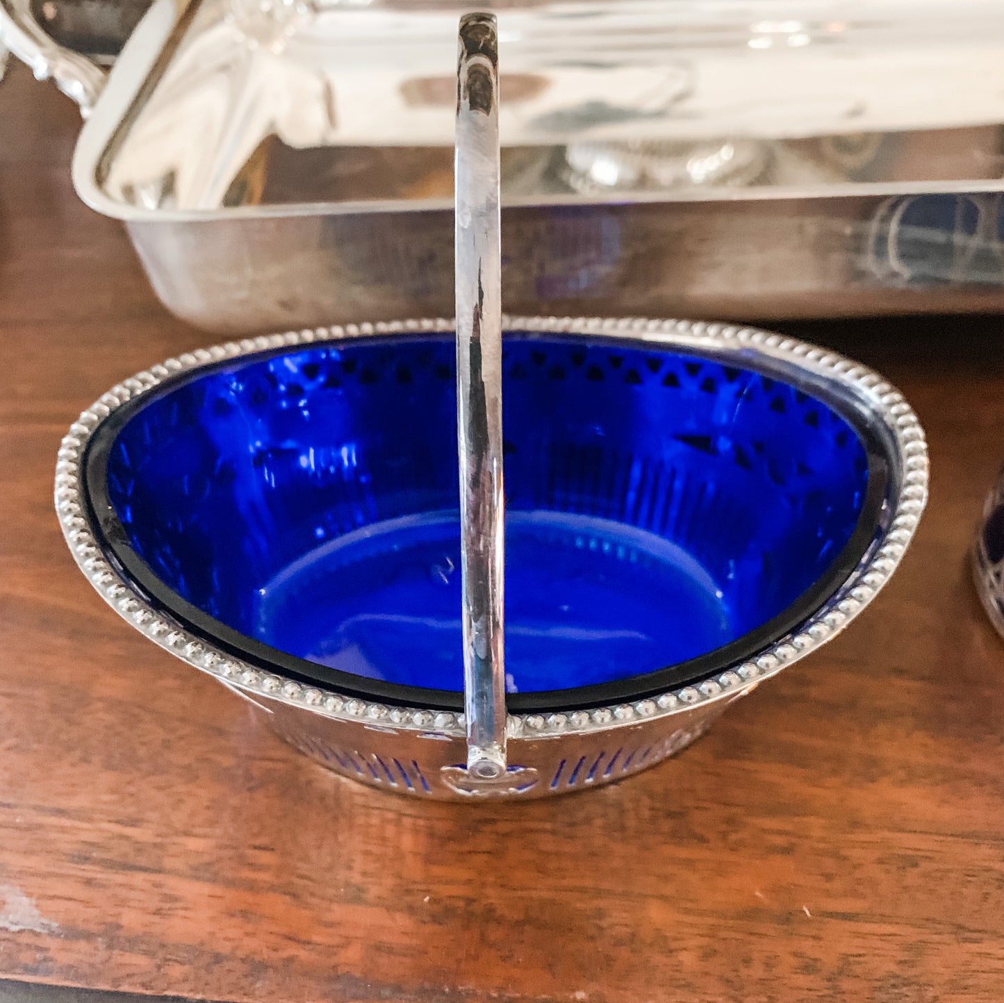 Antique Cobalt Blue Glass and Silver Basket