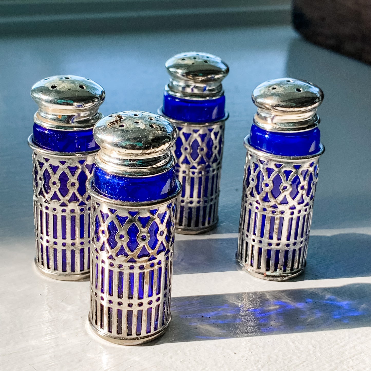 4 Cobalt Blue and Silver Shakers Made in England