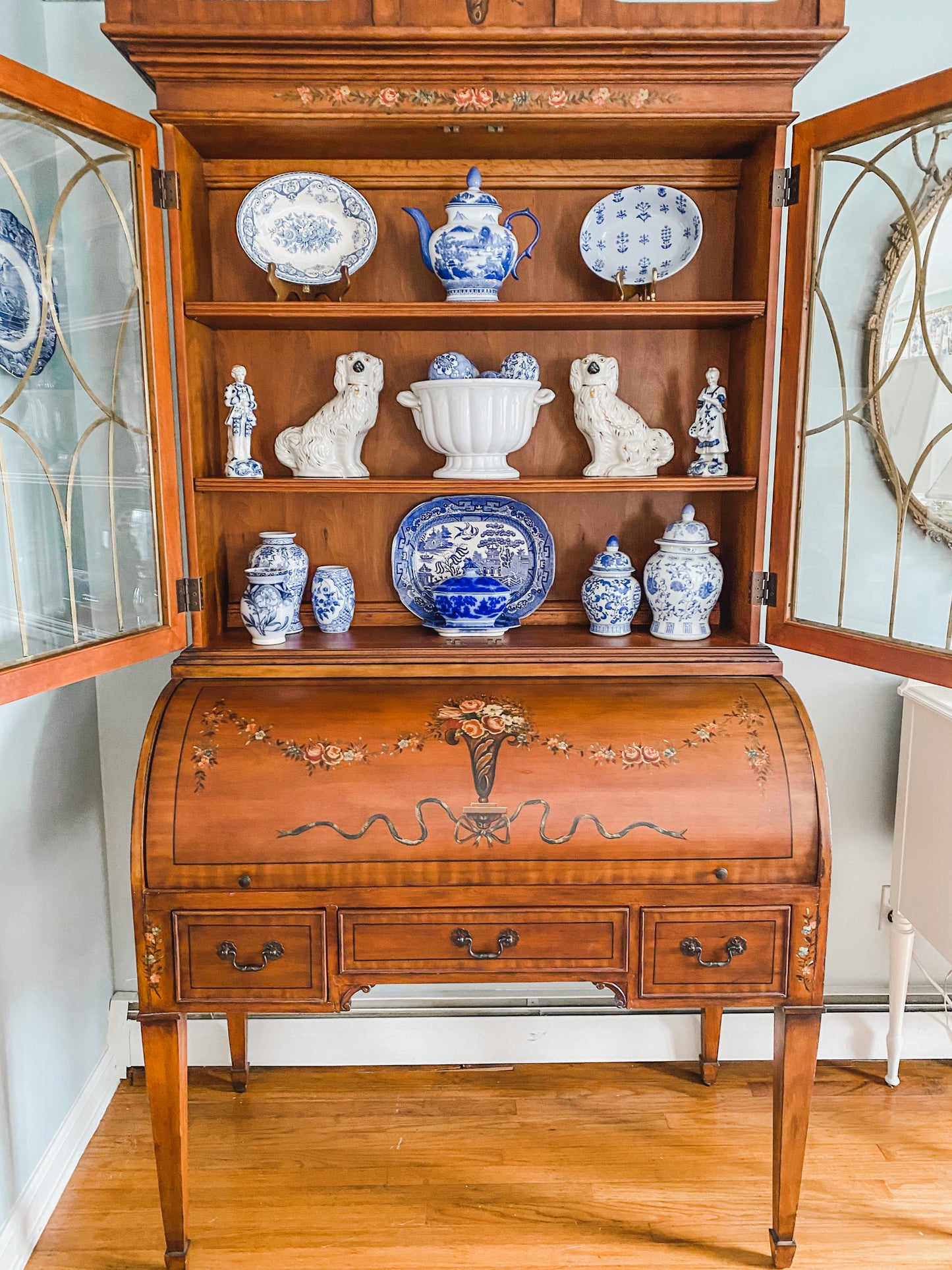 Gorgeous Hand Painted Adams Style Roll Top Secretary