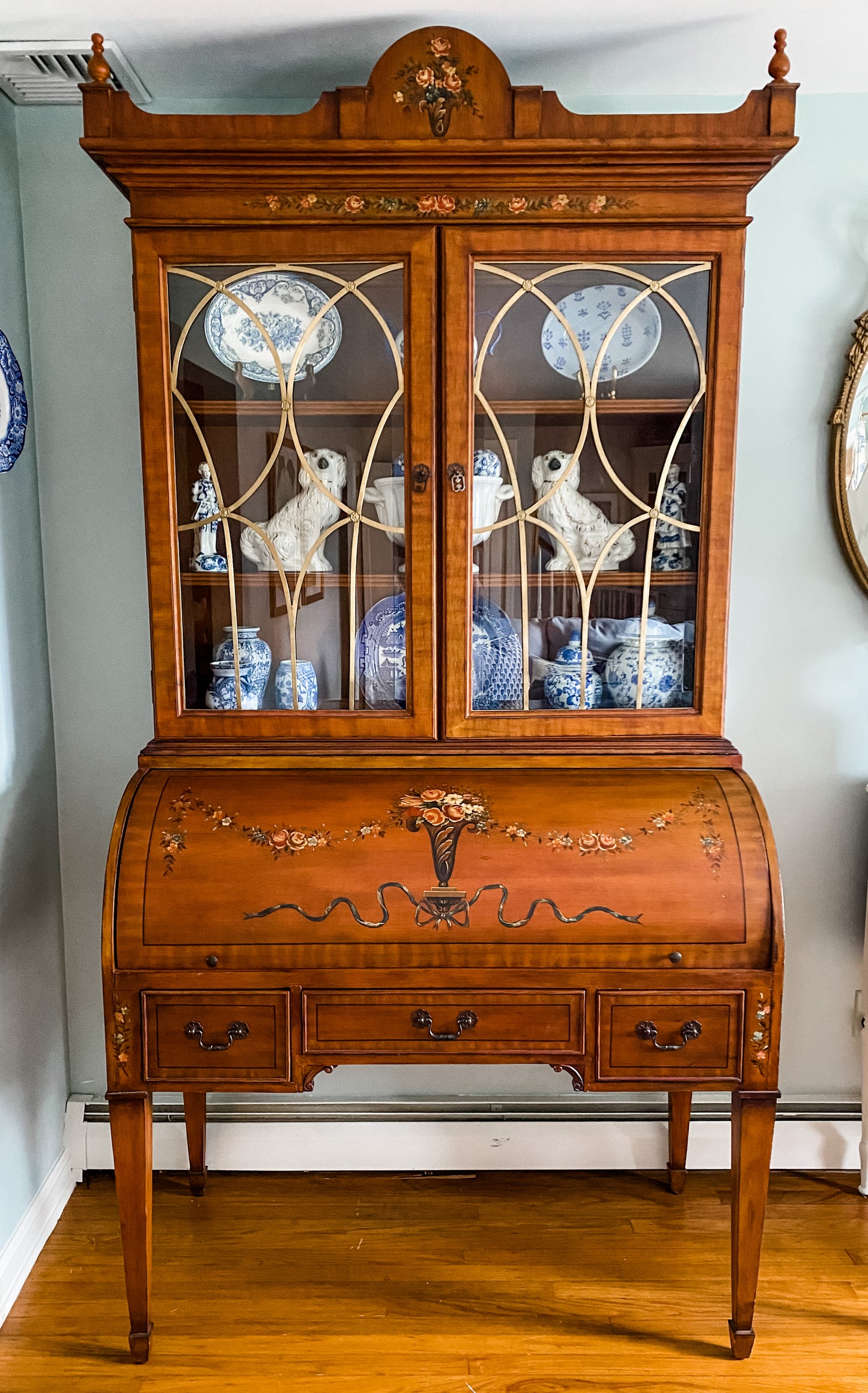 Gorgeous Hand Painted Adams Style Roll Top Secretary