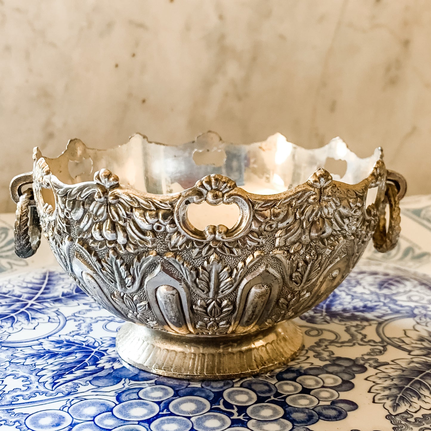 Antique Repousse Silver Bowl with Ring Handles